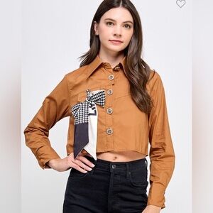 Blusa pastel/ Brown Long Sleeve Crop Top with Ribbon